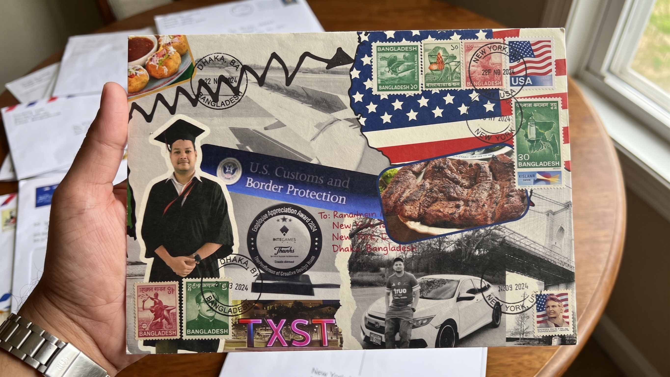 Mail art response collage connecting memories of Bangladesh and the United States